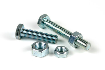 close up bolts and nuts isolated on white