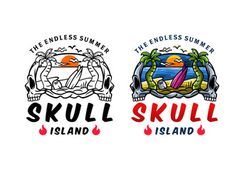 Logo Surfing Skull Island Vector Illustration Template Good for Any Industry