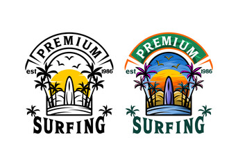 Logo Surfing Beach sunset Vector Illustration Template Good for Any Industry