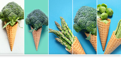 Collage of Healthy ice cream. Broccoli in waffle cone.
