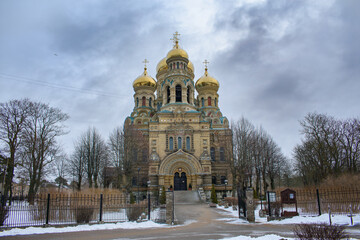 The St. Nicholas Naval Cathedral in Karosta, Liepaja at winter. Russian Orthodox cathedral with golden domes.