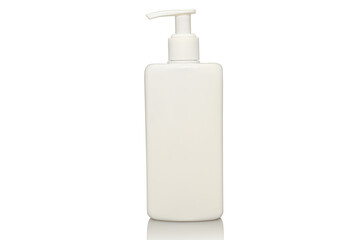 White container for shampoo. On white background. Shower gel.