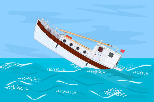 Boat sinking in sea. White vessel going under water. Fishing ship sinking in ocean. Marine transport crash.Old ship that sank in storm.Sea catastrophe.Shipwreck.Boat wrecked at sea.Vector illustration