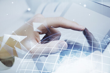 Multi exposure of man's hands holding and using a digital device and map drawing. International business concept.