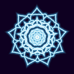 Neon mandala on a dark background. Yoga, meditation, spiritual growth. Vector illustration with a glow effect.