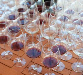 A lot of glasses with wine on the table for tasting