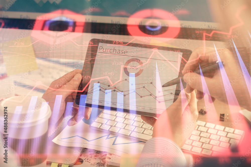 Poster double exposure of man's hands holding and using a phone and financial chart drawing. market analysi