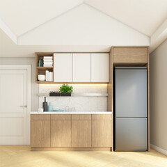Kitchenette with built-in counters and wood cabinet. 3D rendering
