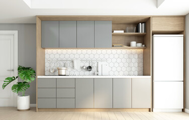 Minimalist style kitchen with built-in counter and gray cabinet. 3D rendering