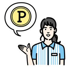 笑顔でポイントの説明をしているコンビニ店員の若い女性
