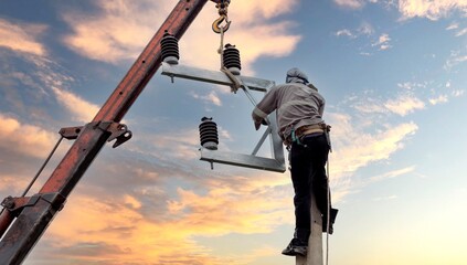 Low angle view of an electrician working on an insulator on an electric pole with a crane. outdoor...