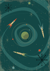 Mid Century Modern Retro Future Style Space Illustration, Space Rockets, Planets and Stars, 1950s, 1960s style Colors and Shapes, Grunge Texture Pattern 