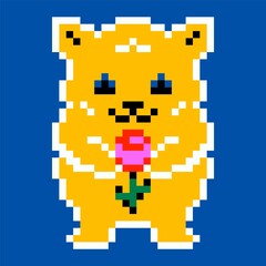 Abstract pixel bear. Modern cute pixel animal with rose flower. Retro colorful art 90 style. Vector illustration