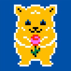 Abstract pixel bear. Modern cute pixel animal with rose flower. Retro colorful art 90 style. Vector illustration