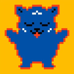 Abstract pixel bear. Modern cute pixel animal hugs. Retro colorful art 90s video game style. Vector illustration