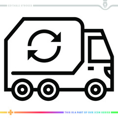 Line icon for garbage truck illustrations with editable strokes. This vector graphic has customizable stroke width.