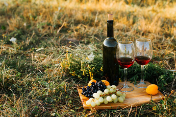 Picnic, romantic date outdoors. Still life bottle of red wine, two glasses, grapes, peaches on board in field at sunset outdoors, copy space