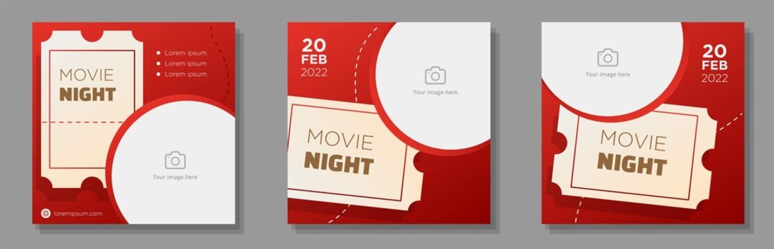 Movie night social media post, banner set, film party advertisement concept, movie theater ticket marketing square ad, abstract print, isolated on background