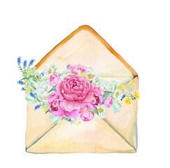 envelope with flowers valentine's day illustration watercolor for printing postcards 