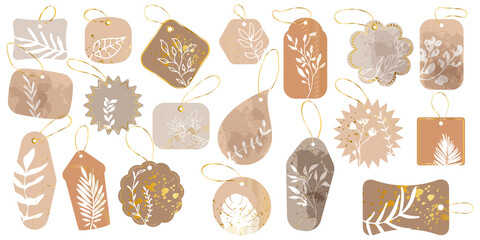 Labels with plant ornaments and gold hanger ribbons. Hand drawn. Vintage organic vector set. Illustration of eco natural vegan tag, label market for product design.