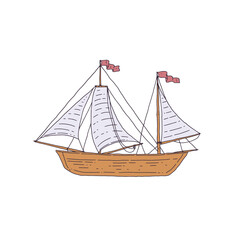 Sea sailboat. Ship with sails doodle sketch isolated illustration.