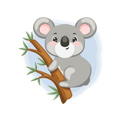 Fototapeta premium Cute little koala climbing on the eucalyptus branch. Vector illustration.