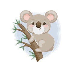 Cute little koala climbing on the eucalyptus branch. Vector illustration.