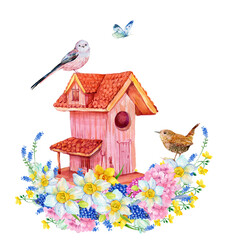 birdhouse with flowers and birds .watercolor illustration for printing postcards and posters