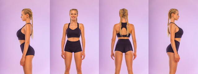 Photo reference pack with anatomy of fit woman athlete. Front, back, side, profile view. Fitness concept.