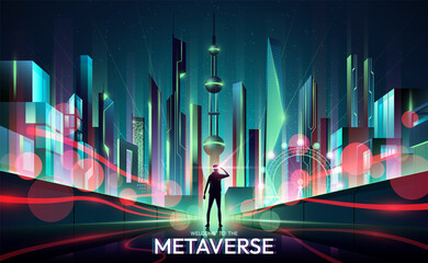Metaverse future cityscape perspective view, Metaverse technology world concept, vector illustration