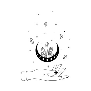 Magic hand with crescent moon with crystal in trendy boho line style. Outline alchemy symbol for branding or logo and embleb witchcraft shop. Esoteric and mystical design element. Vector illustration