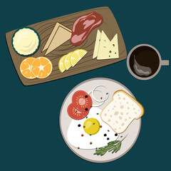  Lemon, coffee, omelette, meat, tomatoes, lemon and other food drawn in flat illustration, painting, picture, pattern