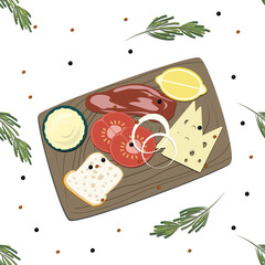 Lemon, meat, bread, tomatoes, lemon and other food drawn in flat illustration, painting, picture, pattern