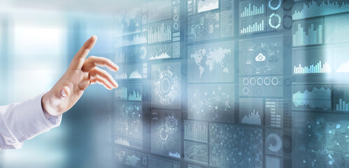 Applications icons on virtual screen, technology, development background concept.