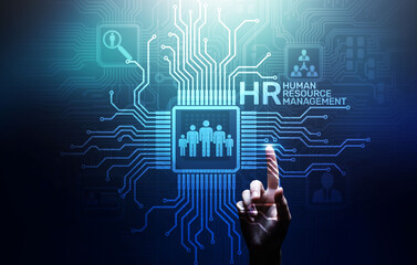 HR - Human resources management, Recruitment, Team Building, Organisation infrastructure and social relations on virtual screen.