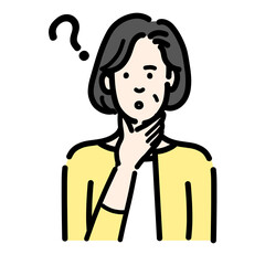 顎に手をあてて考えている中年女性
