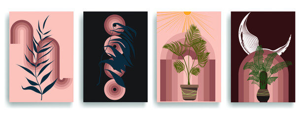 Modern poster with minimalist design elements . Retro lines and grunge textured circles in Boho style  . Wall art , home deco . Vector abstract shape.