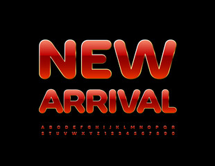 Vector advertising promo New Arrival. Chic bright Font. Red and Gold Alphabet Letters and Numbers