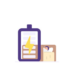 illustration of a man sleeping on a mattress to recharge. workers, employees, staff. flat cartoon style. vector design. ui, element, landing page