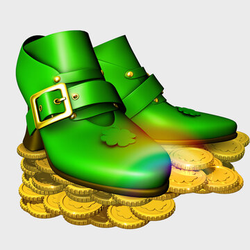 Green pair of leprechaun shoes on a pile of four leaf clover good luck gold coins. 3D illustration isolated on white background