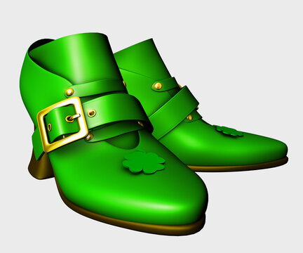 An Irish green pair of leprechaun shoes. 3D illustration isolated on white background