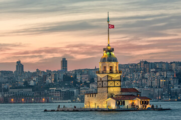 Maiden's Tower (kiz kulesi) with sunset sky in Istanbul, Turkey. Maiden's tower, the symbol of Istanbul.
