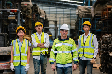 Team engineering, worker standing at warehouse auto parts. industry factory car automobile. Teamwork technician work successful, connection partnership successful concept.