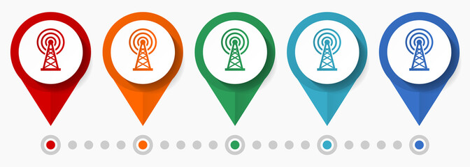 Antenna, network concept vector icon set, flat design communication pointers, infographic template easy to edit