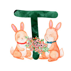 Alphabet with green watercolor fill and with  
 bunnies with children 's toys .The set is suitable for greeting cards, invitations, for design works,crafts and hobbies.