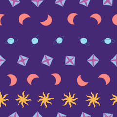 Celestial bodies striped seamless pattern. Hand drawn sun, moon, stars in a row on purple background.