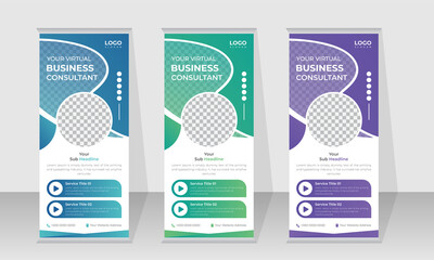 Roll up banner design template, multicolor pull up banner, x banner design template layout, modern standee design template for business promotion and advertising.