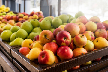 Fresh apples in the store on the counter showcase trade. fresh fruits and vitamins, healthy food and diet