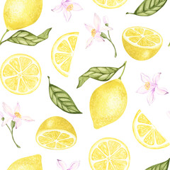 watercolor lemon seamless pattern. hand drawn on white background. Botanical illustration yellow citrus fruits, flowers, green leaves. For food packaging design. kitchen textile, fabrics, tableware.