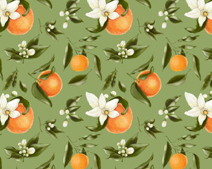 Floral pattern with clementine, tangerine, mandarin, orange fruit. Citrus pattern